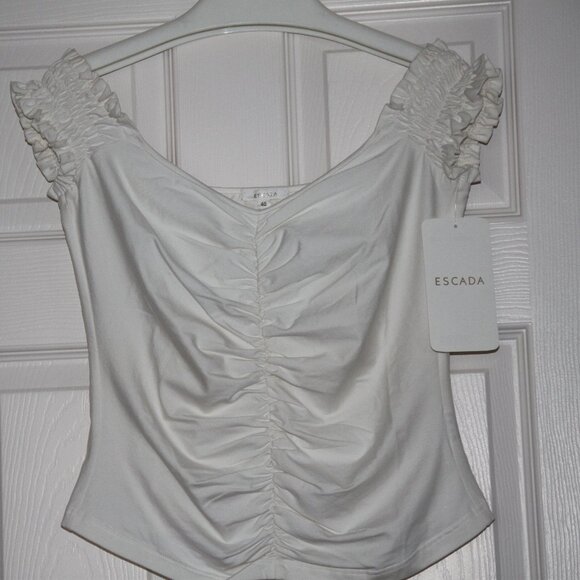 ESCADA White Stretch Cotton Blend Ruched Top On/Off Shoulder Italy Size EU 40 - Picture 5 of 10